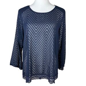 Éclair Navy Sheer Chevron Lace Blouse Top Size M Long Sleeve‎ Feminine Style